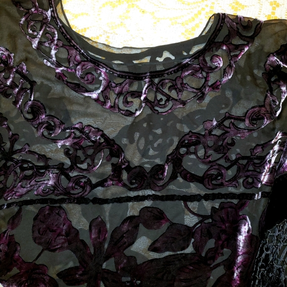 Vintage black violet velvet and sheer burnout, long fringe poncho shawl - Picture 8 of 8